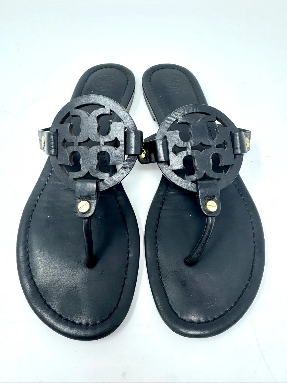 Tory Burch Miller Black Logo Medallion Leather Thong Sandals